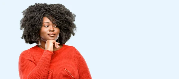 Beautiful African Woman Thinking Thoughtful Smart Face Expressing Question Doubt — Stock Photo, Image