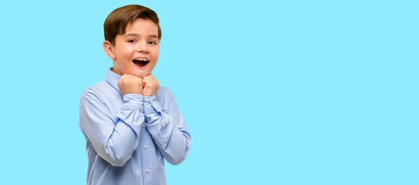 Handsome Toddler Child Green Eyes Happy Surprised Cheering Expressing Wow — Stock Photo, Image