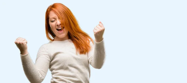 Beautiful Young Redhead Woman Happy Excited Expressing Winning Gesture Successful — Stock Photo, Image