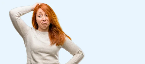 Beautiful Young Redhead Woman Doubt Expression Confuse Wonder Concept Uncertain — Stock Photo, Image