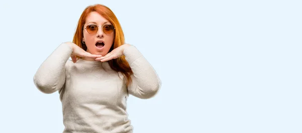 Beautiful Young Redhead Woman Happy Surprised Cheering Expressing Wow Gesture — Stock Photo, Image