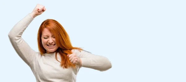 Beautiful Young Redhead Woman Happy Excited Expressing Winning Gesture Successful — Stock Photo, Image