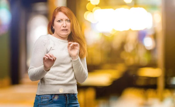 Beautiful Young Redhead Woman Disgusted Angry Keeping Hands Stop Gesture — Stock Photo, Image