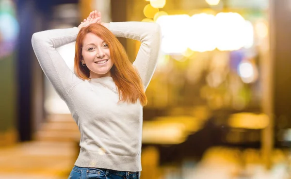 Beautiful Young Redhead Woman Confident Happy Big Natural Smile Night — Stock Photo, Image