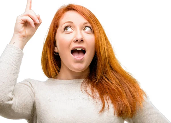 Beautiful Young Redhead Woman Happy Surprised Cheering Expressing Wow Gesture — Stock Photo, Image