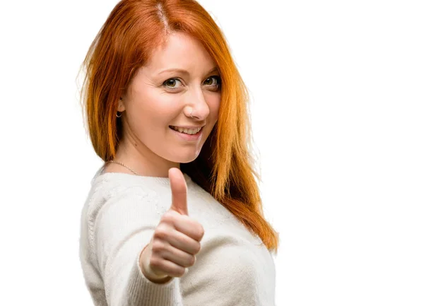 Beautiful Young Redhead Woman Smiling Broadly Showing Thumbs Gesture Camera — Stock Photo, Image