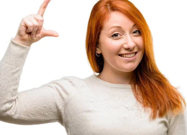 Beautiful Young Redhead Woman Holding Something Very Tiny Size Concept — Stock Photo, Image