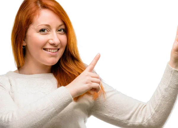 Beautiful Young Redhead Woman Pointing Away Side Fingers Isolated White — Stock Photo, Image