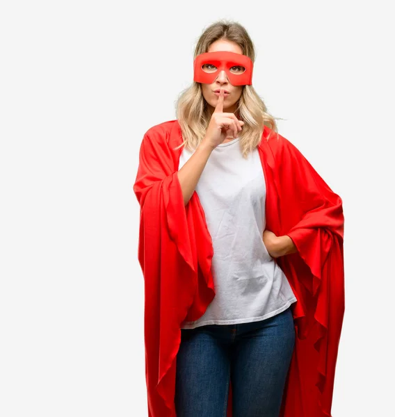 Joven Super Héroe Mujer Con Capa Con Dedo Índice Los —  Fotos de Stock