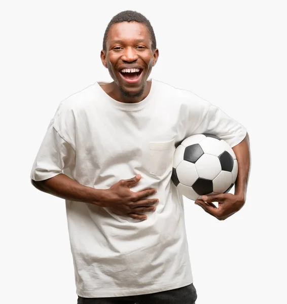 Africano Negro Sosteniendo Pelota Fútbol Seguro Feliz Con Una Gran — Foto de Stock