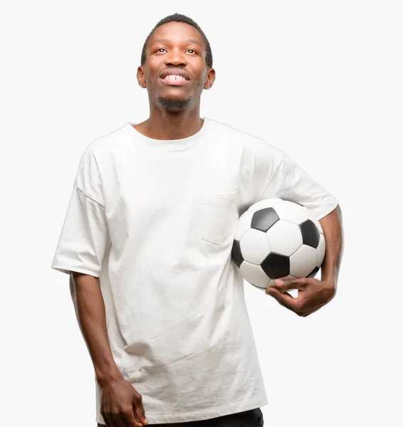 サッカー ボール思考と表現する疑問や不思議を探して保持アフリカ黒人 — ストック写真