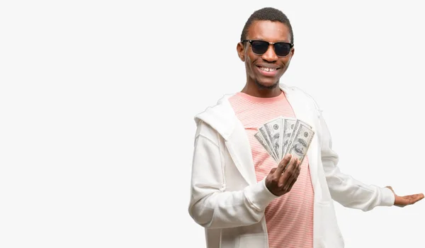 African Man Holding Dollar Bank Notes Confident Happy Big Natural — Stock Photo, Image
