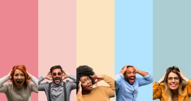 Serin grup insanlar, kadın ve adam mutlu ve ifade wow jest tezahürat