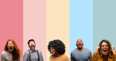 Serin grup insanlar, kadın ve bıkkın ve hayal kırıklığına uğramış bağıran adam stresli, panik, korku içinde. Hoş bir jest. İş sataşmak beni çıldırtıyor