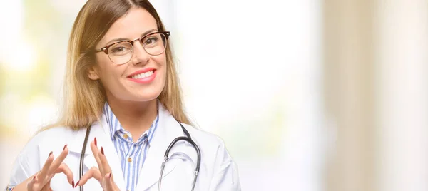 Young Doctor Woman Medical Professional Happy Showing Love Hands Heart — Stock Photo, Image