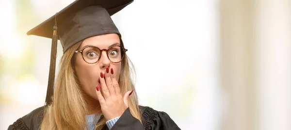 Young Woman University Graduate Student Covers Mouth Shock Looks Shy — Stock Photo, Image