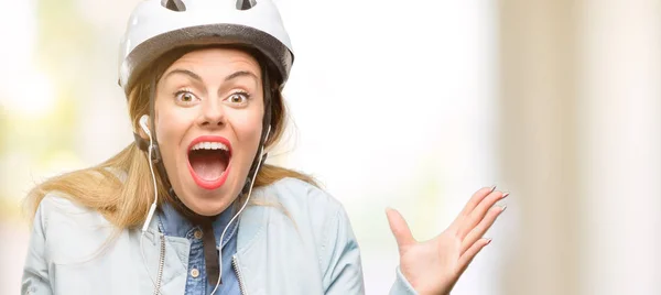 Young Woman Bike Helmet Earphones Happy Surprised Cheering Expressing Wow — Stock Photo, Image