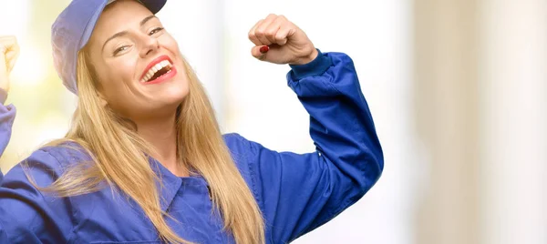 Young Plumber Woman Happy Excited Celebrating Victory Expressing Big Success — Stock Photo, Image