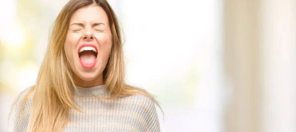 Young Beautiful Woman Stressful Terrified Panic Shouting Exasperated Frustrated Unpleasant — Stock Photo, Image