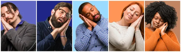 Grupo Pessoas Legais Mulher Homem Cansado Entediado Cansado Por Causa — Fotografia de Stock