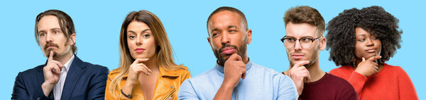 Group of mixed people, women and men doubt expression, confuse and wonder concept, uncertain future
