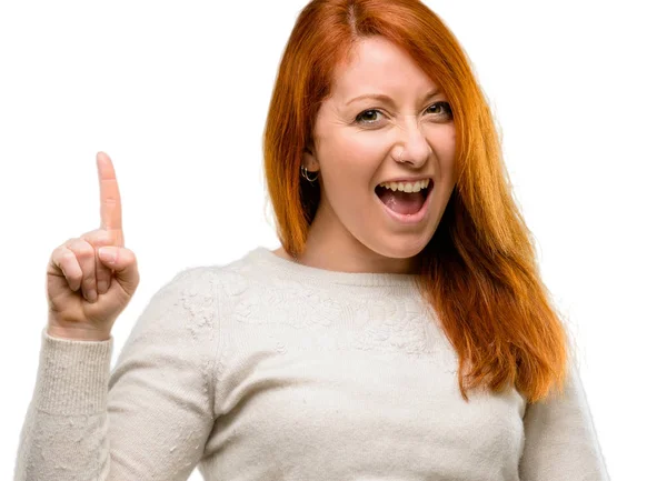 Beautiful Young Redhead Woman Pointing Away Side Finger Isolated White — Stock Photo, Image