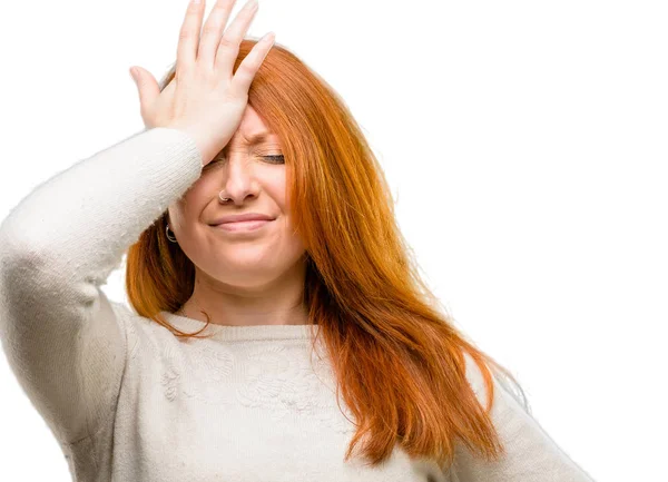 Beautiful Young Redhead Woman Stressful Keeping Hand Head Tired Frustrated — Stock Photo, Image