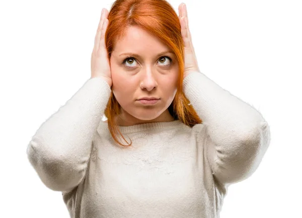 Beautiful Young Redhead Woman Covering Ears Ignoring Annoying Loud Noise — Stock Photo, Image