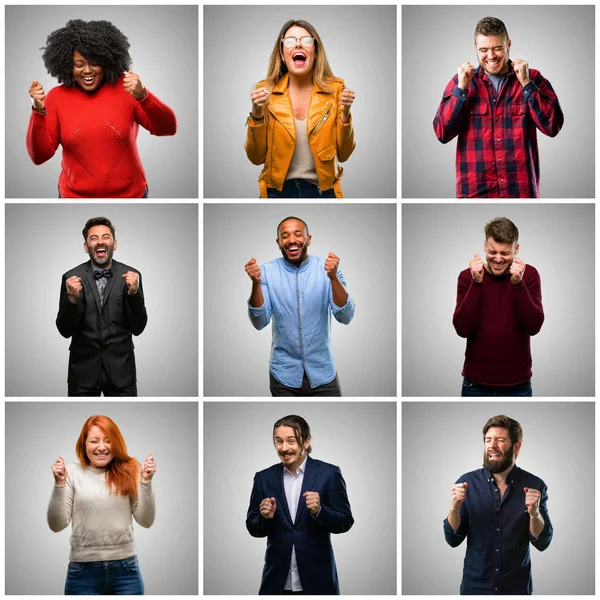 Group of mixed people, women and men happy and surprised cheering expressing wow gesture