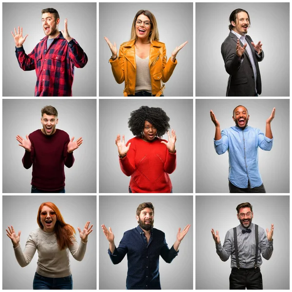 Gruppo Persone Miste Donne Uomini Felici Sorpresi Applaudendo Esprimendo Gesto — Foto Stock