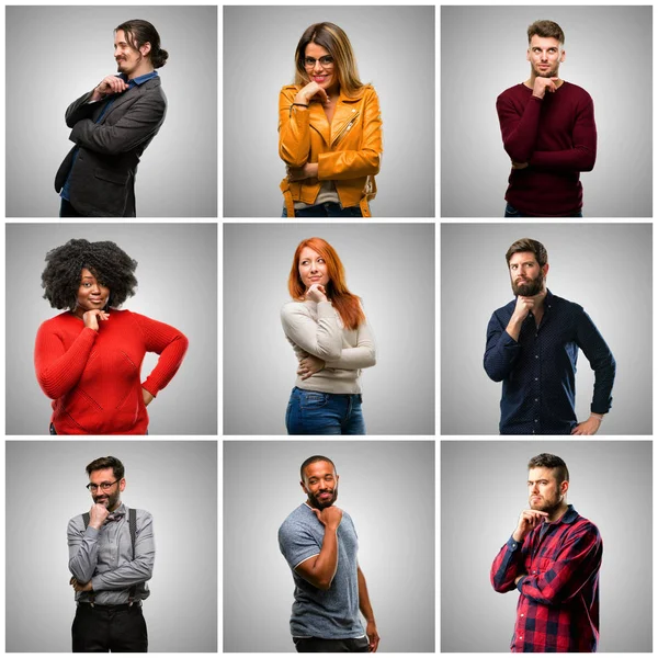 Groep Van Gemengde Mensen Vrouwen Mannen Denken Doordachte Met Slimme — Stockfoto