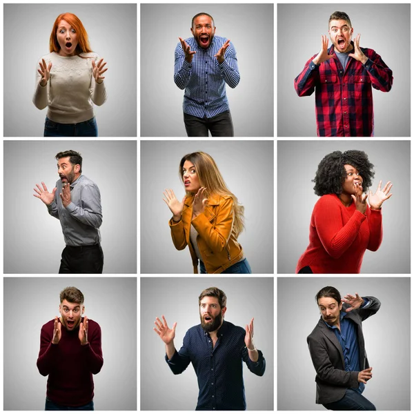 Grupo Pessoas Mistas Mulheres Homens Estressantes Mantendo Mãos Cabeça Aterrorizados — Fotografia de Stock