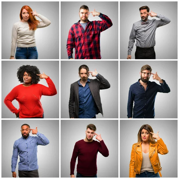 Gruppe Gemischter Menschen Frauen Und Männer Die Unglücklich Selbstmordgesten Machen — Stockfoto