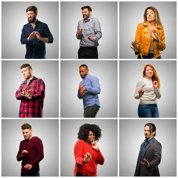 Gruppo Persone Miste Donne Uomini Disgustati Arrabbiati Tenendo Mani Stop — Foto Stock