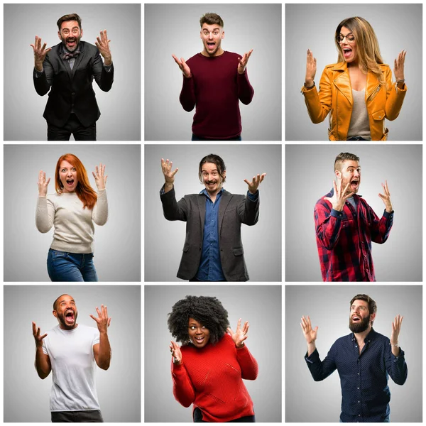 Gruppo Persone Miste Donne Uomini Felici Sorpresi Applaudendo Esprimendo Gesto — Foto Stock