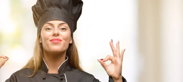 Young Cook Woman Doing Sign Gesture Both Hands Expressing Meditation — Stock Photo, Image