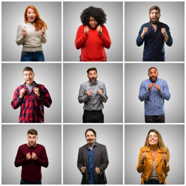 Grup karışık insanları, kadın ve erkek mutlu ve ifade wow jest tezahürat