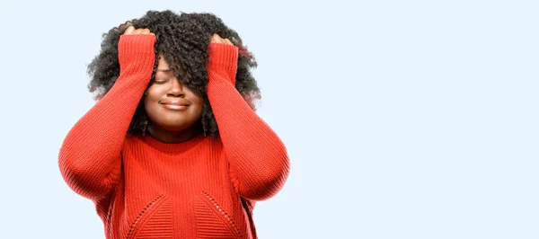 Beautiful African Woman Terrified Nervous Expressing Anxiety Panic Gesture Overwhelmed — Stock Photo, Image