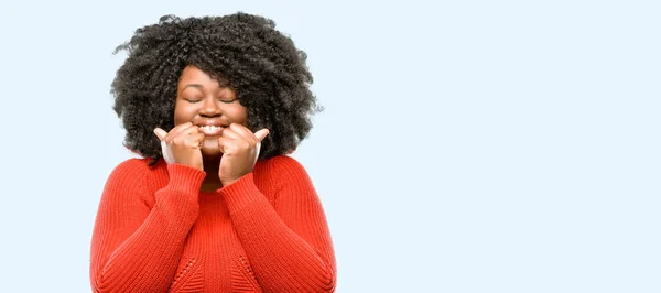 Beautiful African Woman Confident Happy Big Natural Smile Laughing Blue — Stock Photo, Image