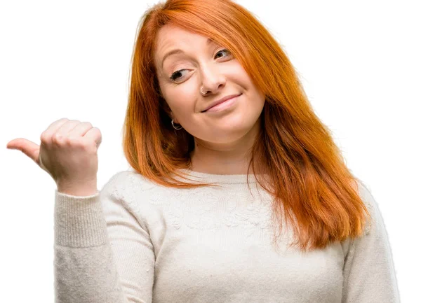 Beautiful Young Redhead Woman Pointing Away Side Finger Isolated White — Stock Photo, Image