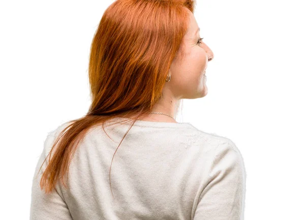 Beautiful Young Redhead Woman Backside Rear View Isolated White Background — Stock Photo, Image