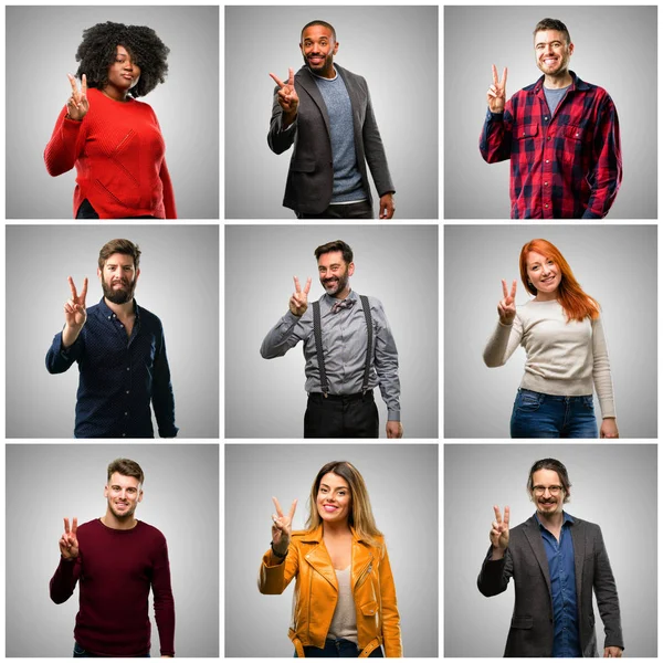 Group Mixed People Women Men Raising Fingers Number Two — Stock Photo, Image