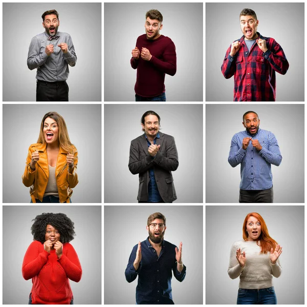 Gruppo Persone Miste Donne Uomini Felici Sorpresi Applaudendo Esprimendo Gesto — Foto Stock