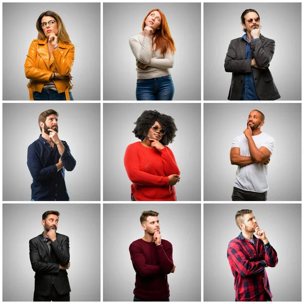 Gruppo Persone Miste Donne Uomini Che Pensano Guardano Alto Esprimendo — Foto Stock