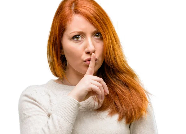 Beautiful Young Redhead Woman Index Finger Lips Ask Quiet Silence Stock Picture