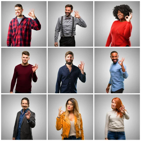 Group of mixed people, women and men doing ok sign with hand, approve gesture