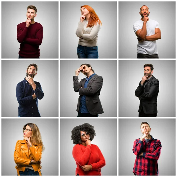 Groep Van Gemengde Mensen Vrouwen Mannen Denken Opzoeken Uiten Twijfel — Stockfoto