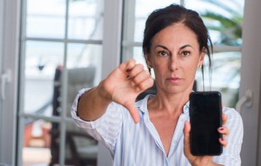 Akıllı telefon kullanan kızgın yüzü, eksi işareti aşağı antipati başparmak ile gösterilen, ret kavramı ile orta yaşlı kadın
