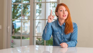 Kızıl saçlı kadın evde bir fikir ya da soru işaret parmağı ile mutlu yüz şaşırttı, number one