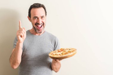 Komuta sizde pizza sürpriz bir fikir ya da soru işaret parmağı gülen yüz, bir numara ile tutarak